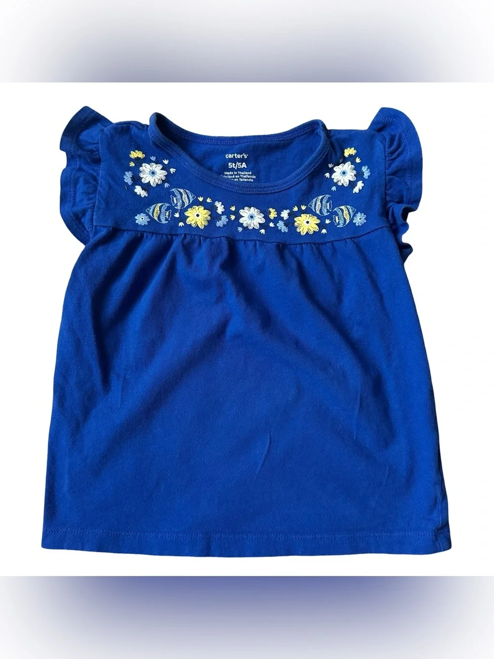 Carter's 5T Girls Blue cotton fish embroidery ruffled short sleeve shirt